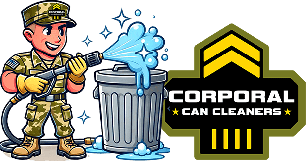 Corporal Can Cleaners mascot pressure washing a trash can next to the Corporal Can Cleaners logo