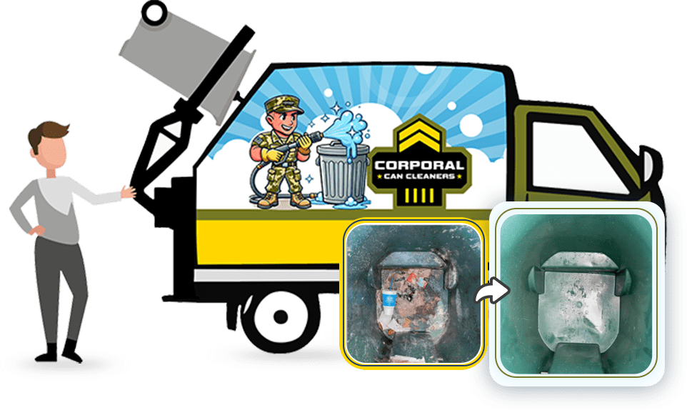 Customer next to the Corporal Can Cleaners truck, with a dirty bin before cleaning and a sanitized bin after
