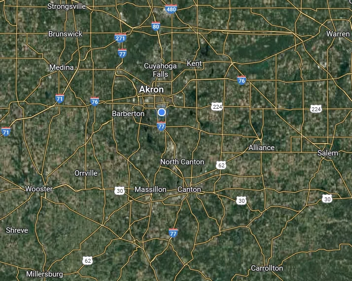 Map of the Corporal Can Cleaners service area around Akron, Ohio